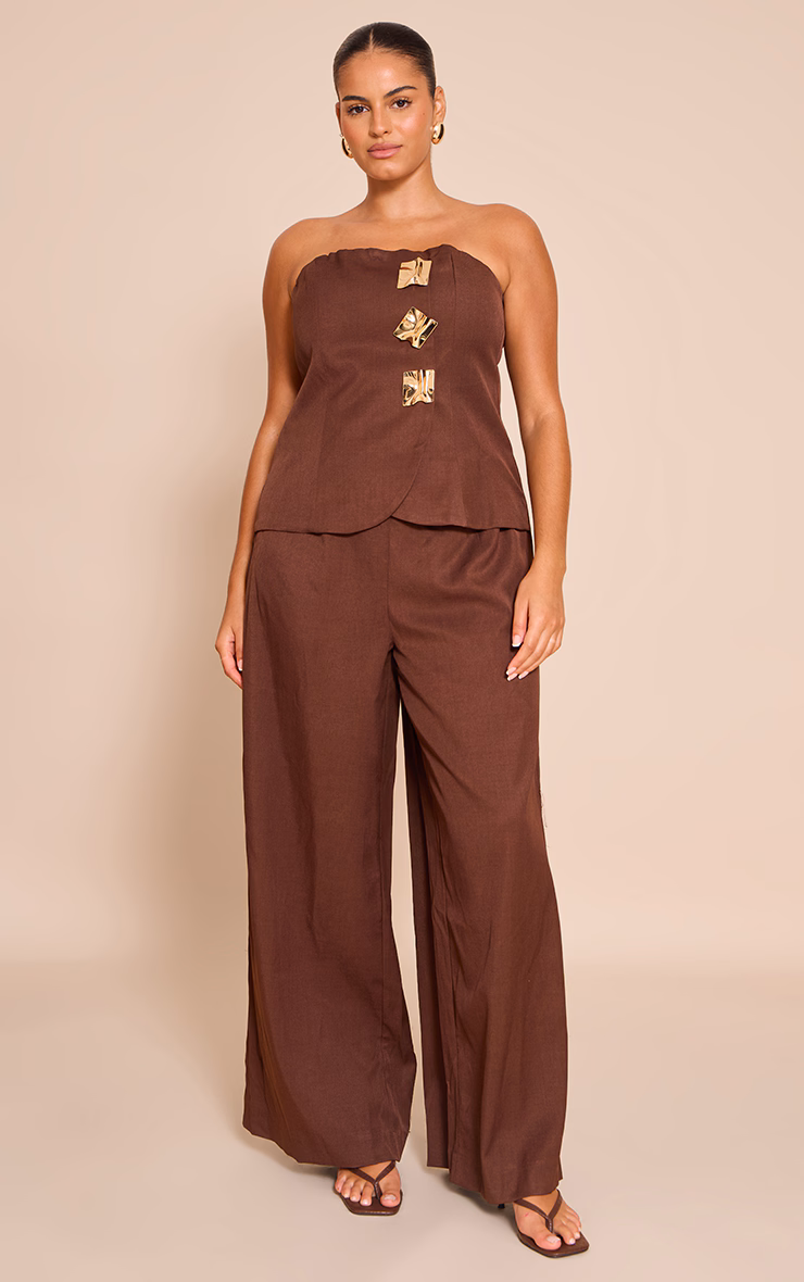 Plus Chocolate Woven Bandeau Trim Detail Straight Leg Jumpsuit