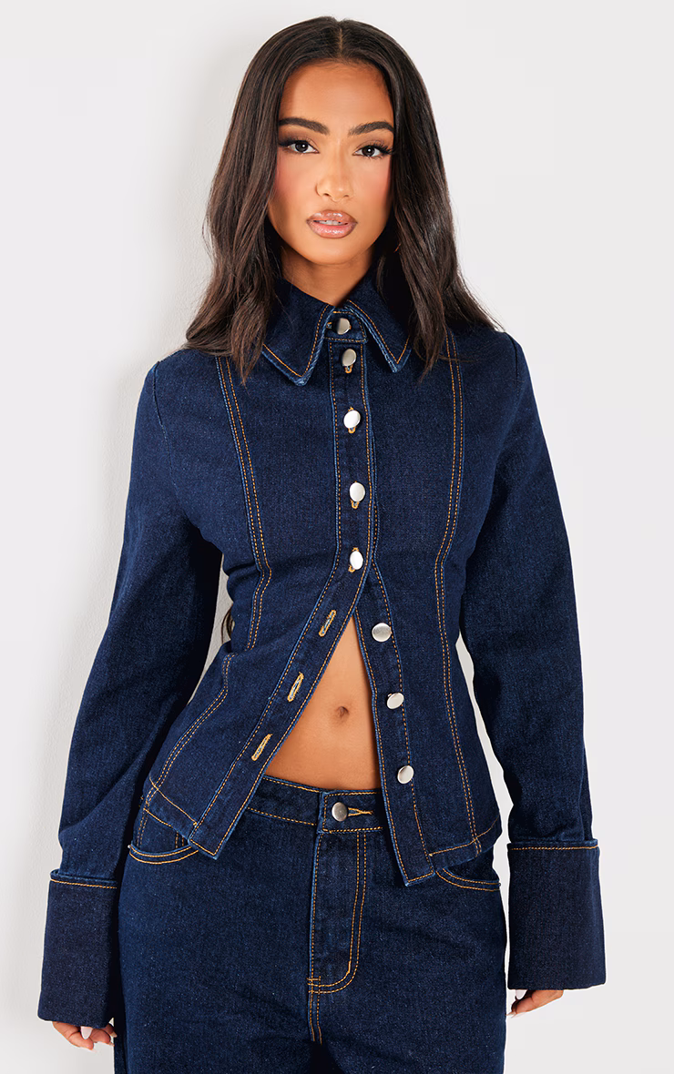 Petite Indigo Blue Wash Long Sleeve Fitted Denim Shirt