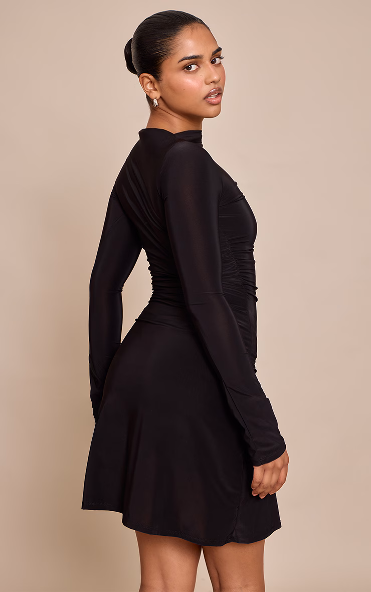 Petite Black Slinky Long Sleeve Mini Dress