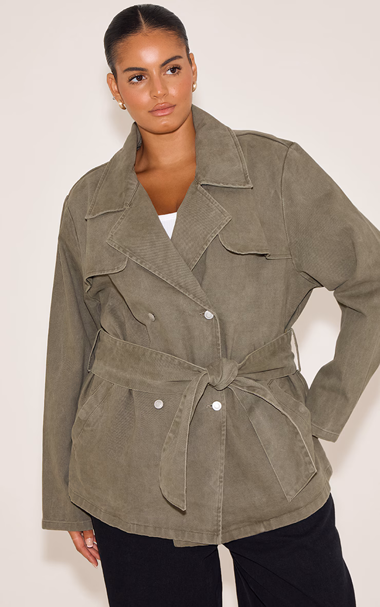 Plus Olive Cropped Belted Denim Trench