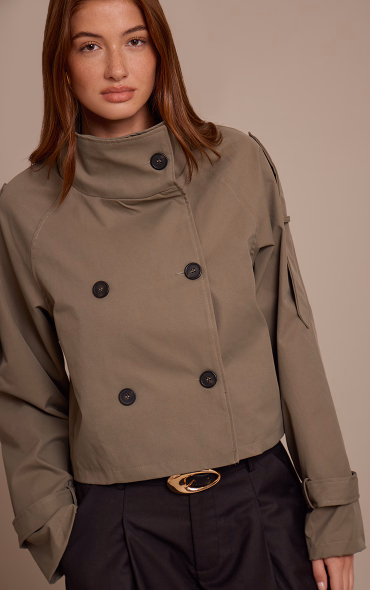 Olive Double Breasted Funnel Neck Cropped Trench Coat