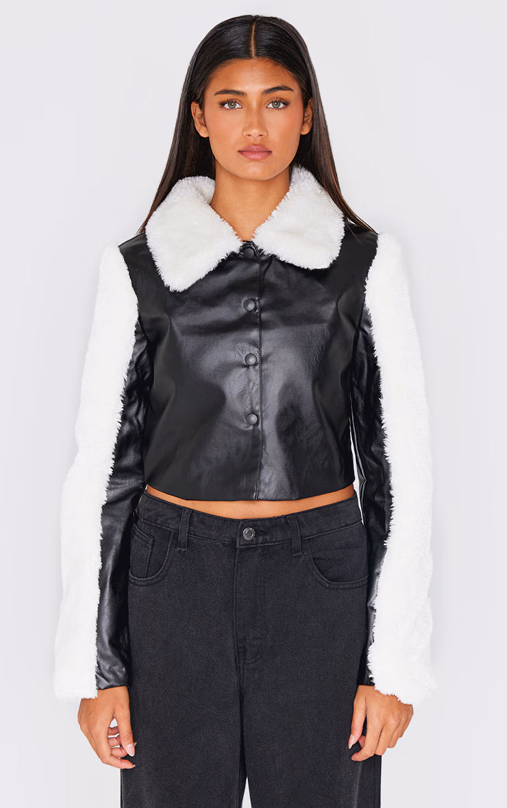 Black Bonded Sleeves Faux Leather Jacket