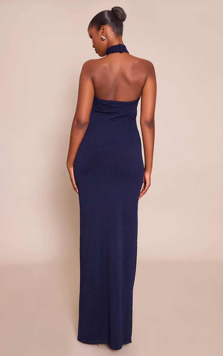 Navy Trim Halter Neck Knitted Maxi Dress