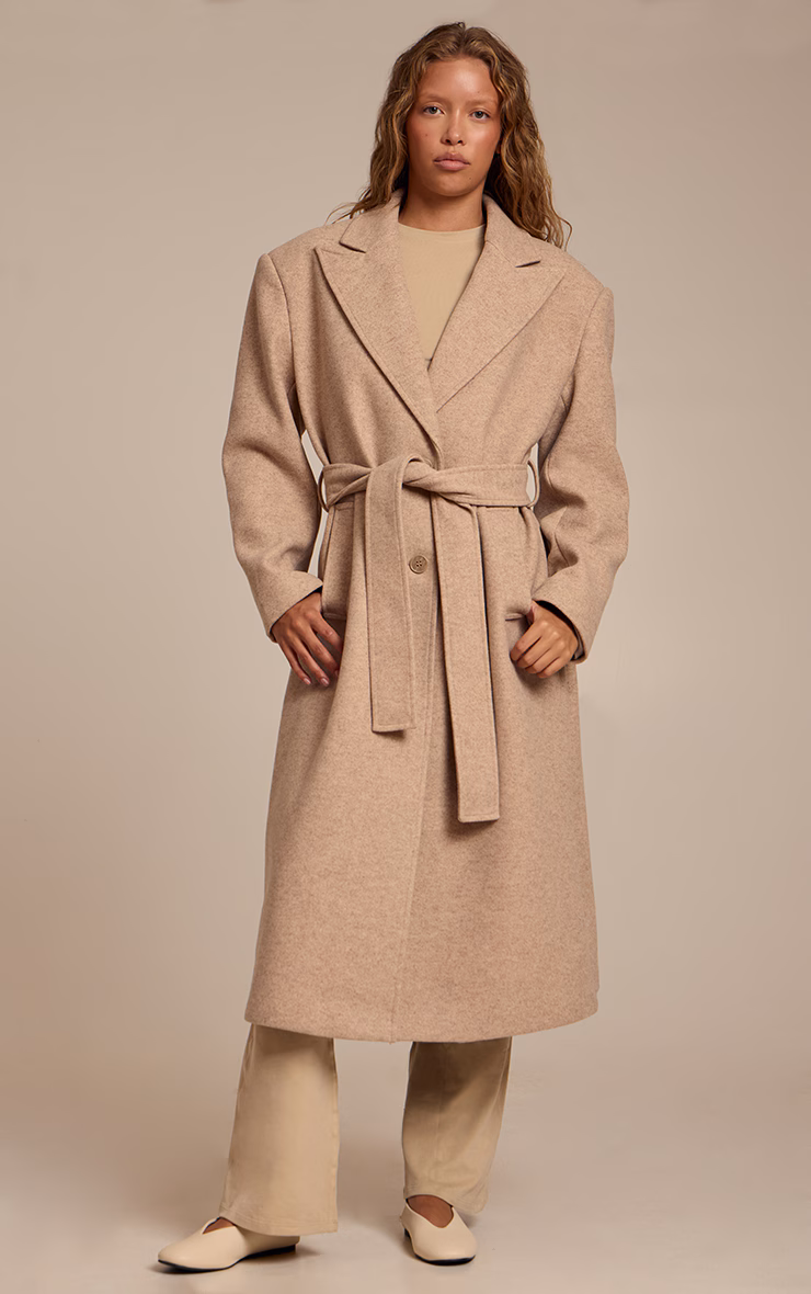 Oat Single Breasted Self Tie Wool Look Maxi Coat