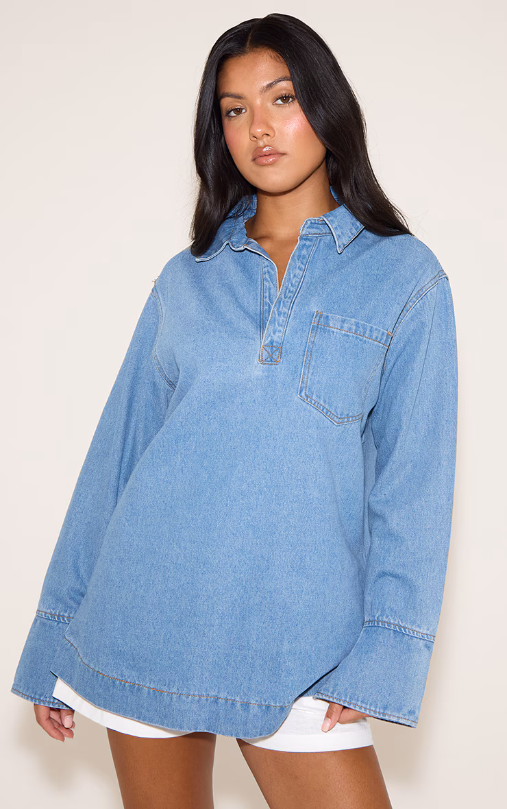 Mid Blue Oversized Denim Rugby Style Shirt