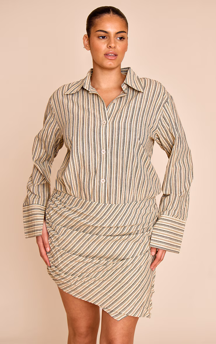 Plus Stone Linen Look Stripe Shirt Style Long Sleeve Skort Romper