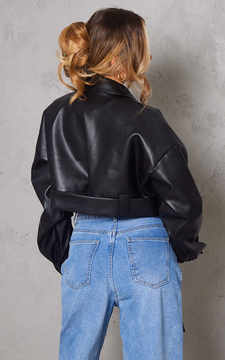 Black Oversized Belted Hem Cropped Biker Jacket