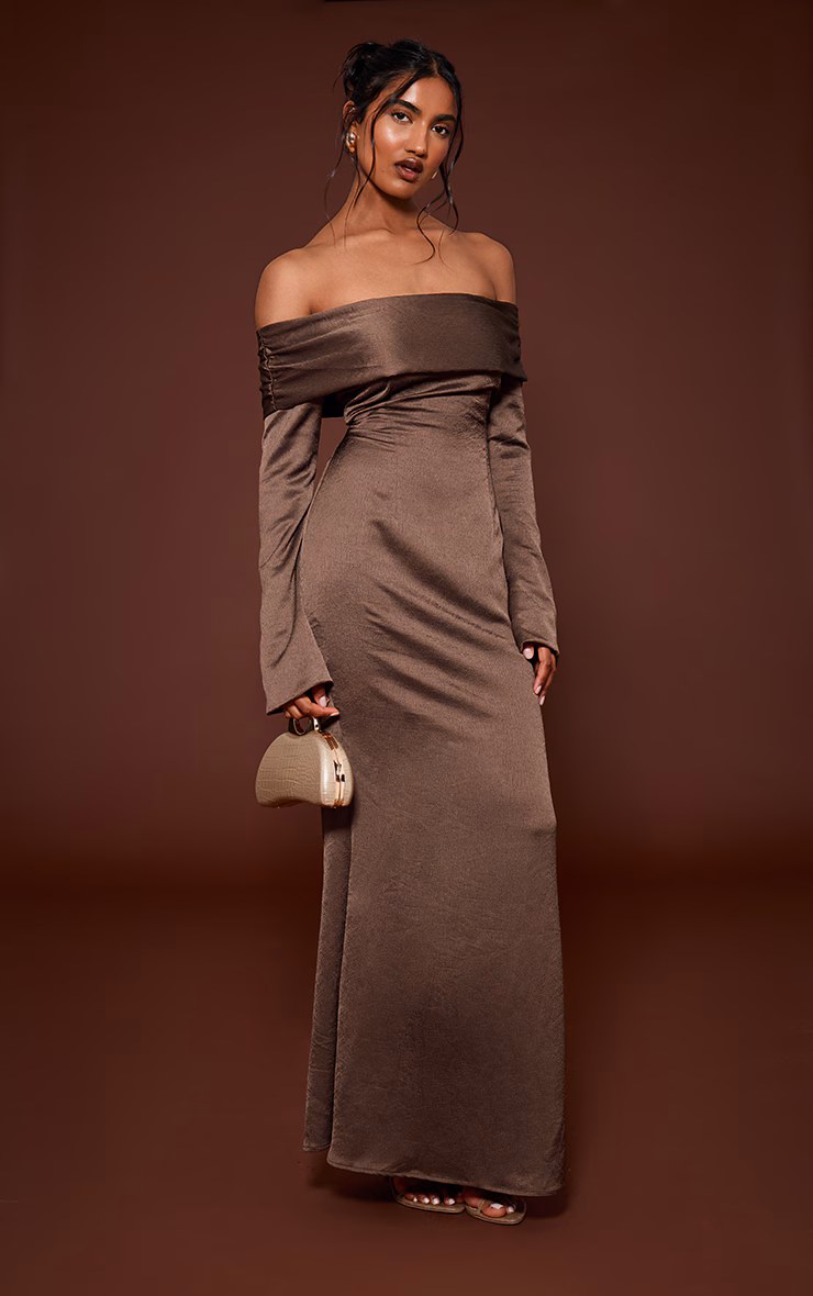 Mocha Bardot Long Sleeve Maxi Dress