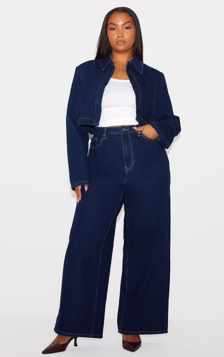 Plus Indigo Contrast Stitch Wide Leg Jeans