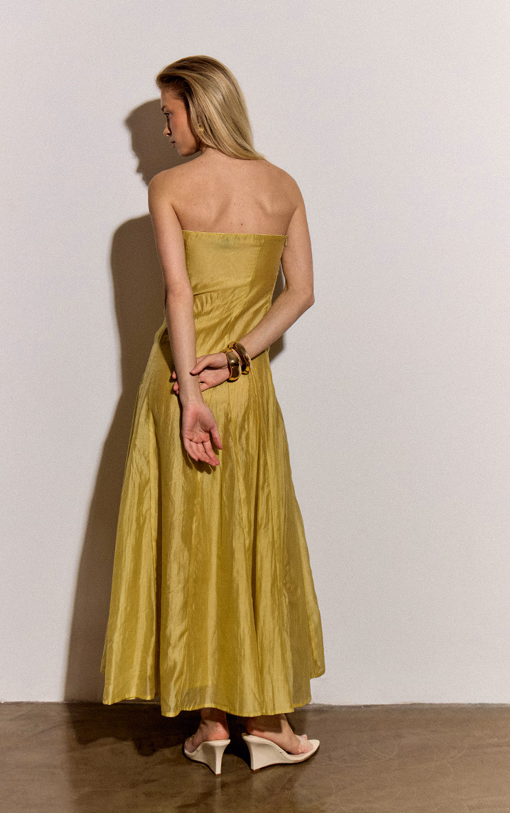 Pale Chartreuse Organza Bandeau Godet Midaxi Dress