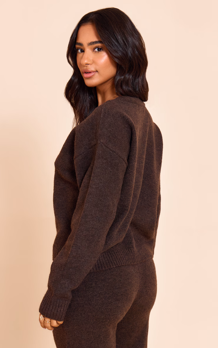 Petite Chocolate V-Neck Button Up Knitted Cardigan