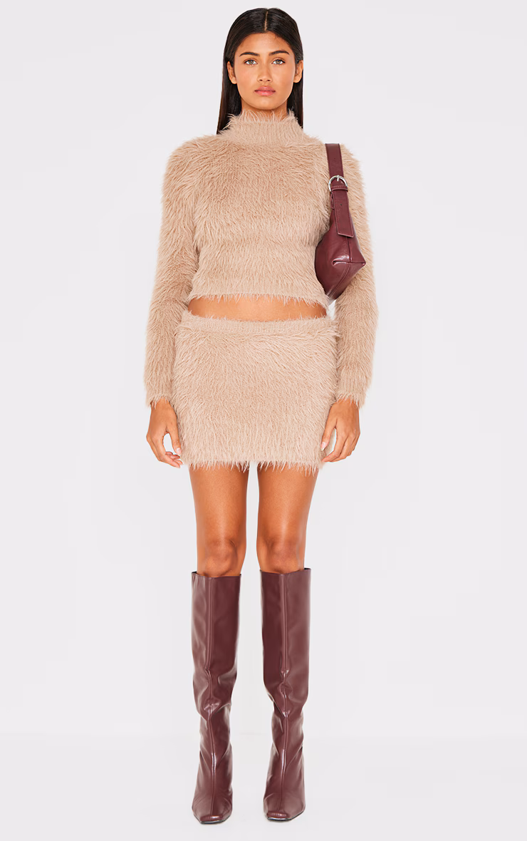 Mocha Fluffy Knit High Neck Top