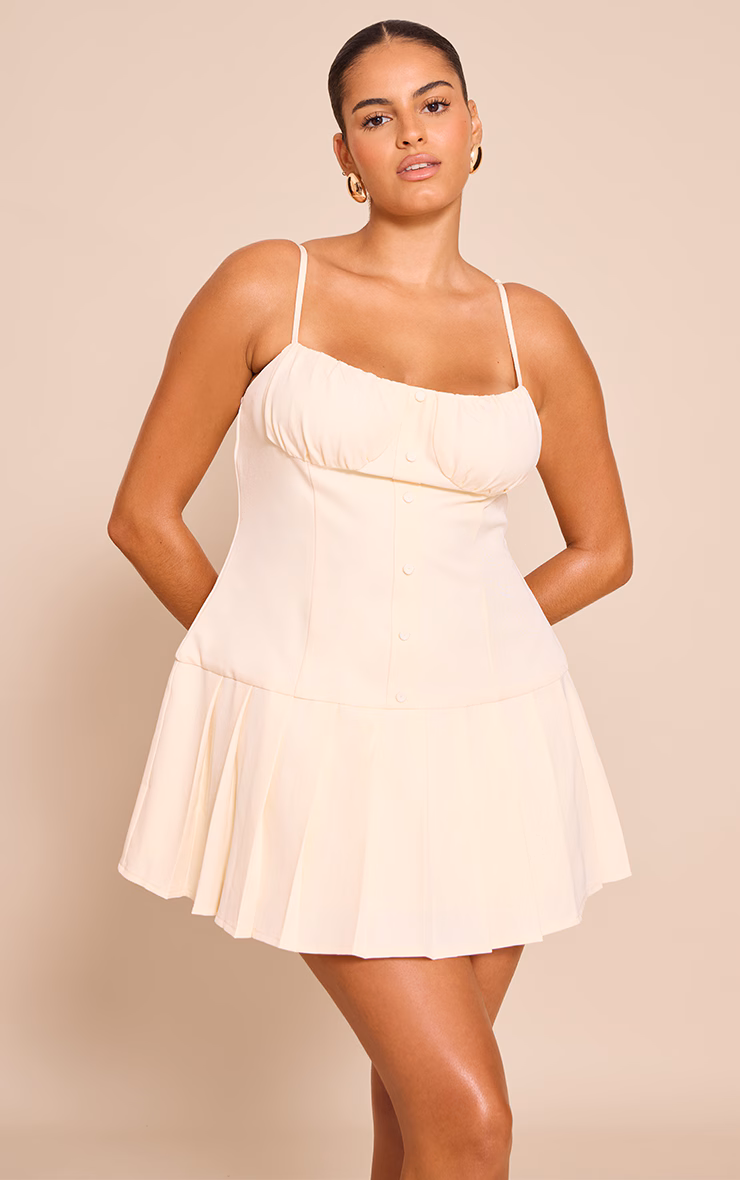 Plus Butter Cream Woven Button Down Detail Pleated Shift Dress