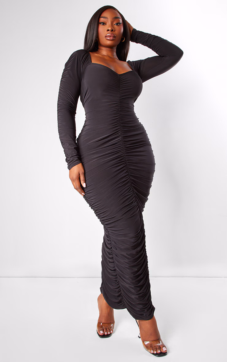 Plus Black Long Sleeve Extreme Ruching Midaxi Dress