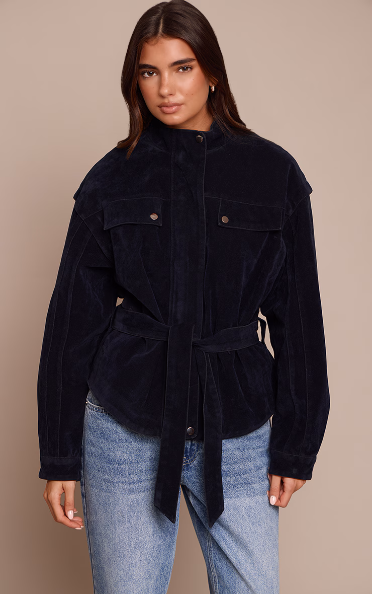 Navy Faux Suede Belted Drop Waist Jacket
