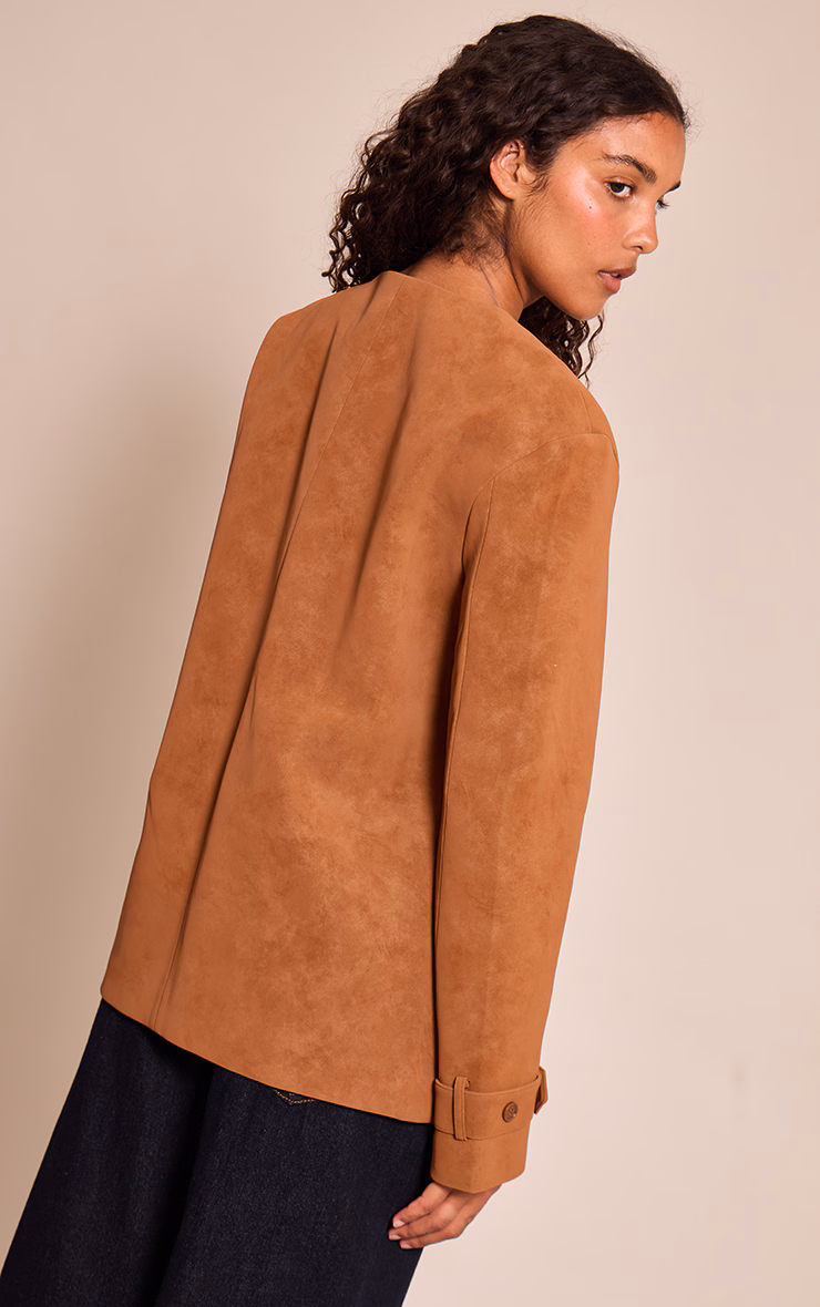 Tan Collarless Button Detail Faux Suede  Jacket