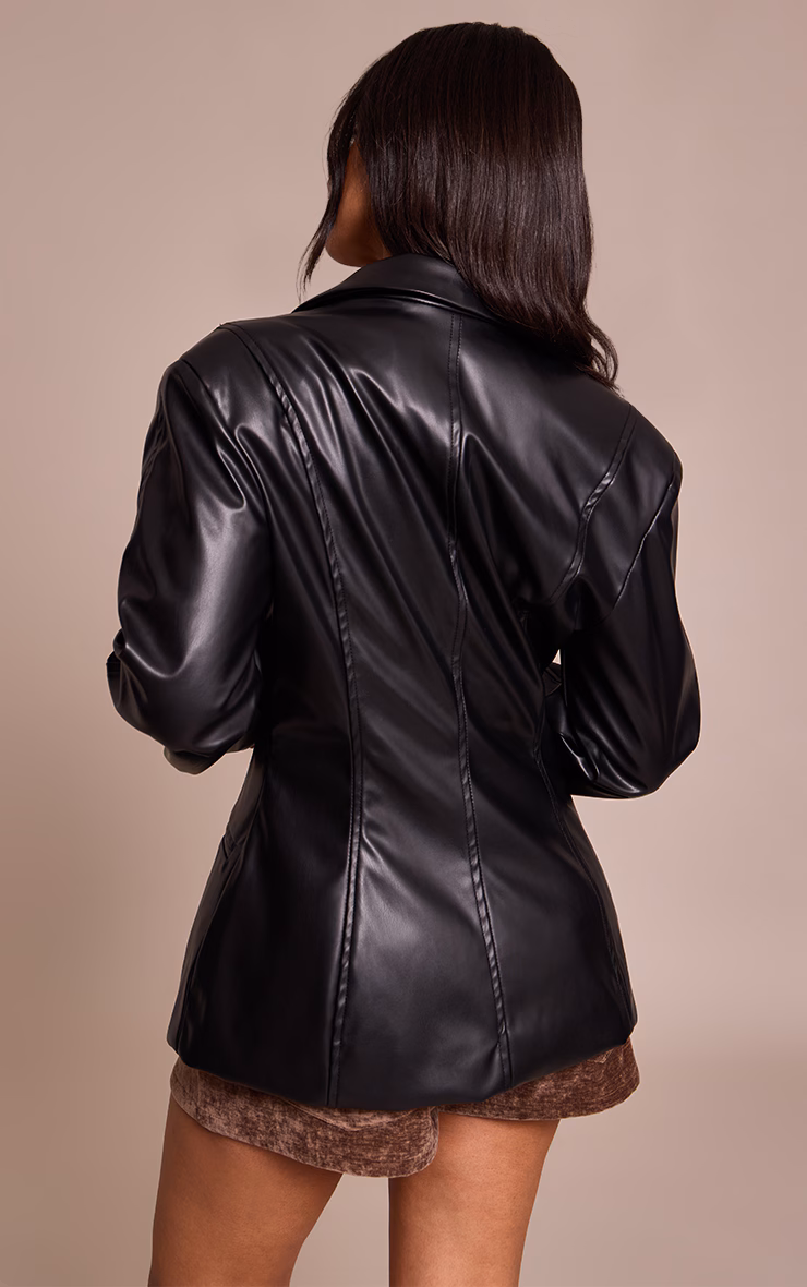 Petite Black Panel Detail Faux Leather Blazer