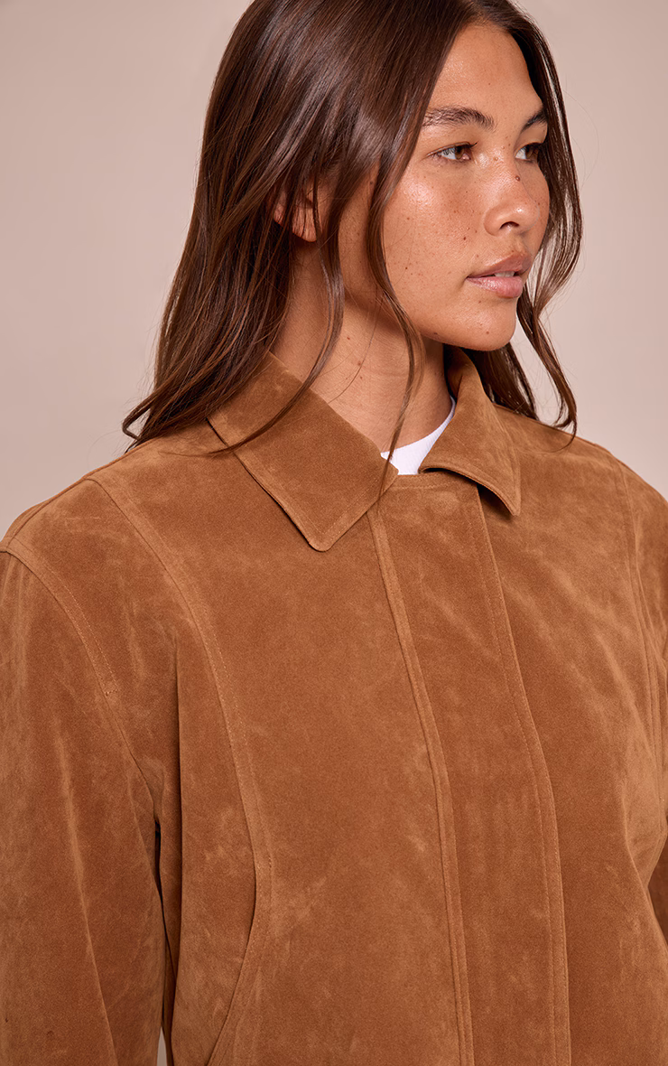 Tan Faux Suede Concealed Placket Bomber Jacket