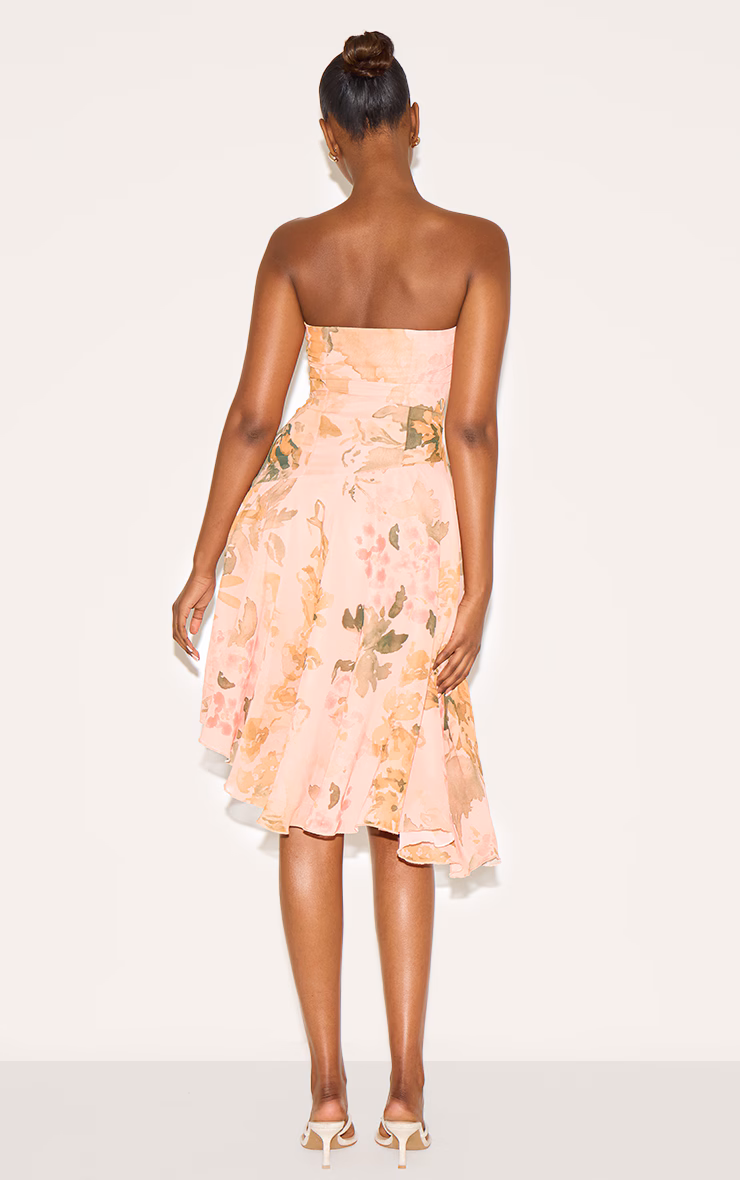 Pink Bandeau Printed Asymmetric Hem Midi Dress