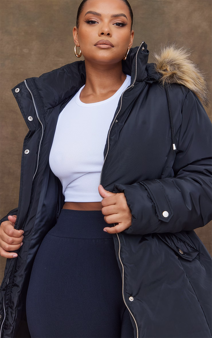 Plus Black Fur Hood Elasticated Waist Longline Parka Coat
