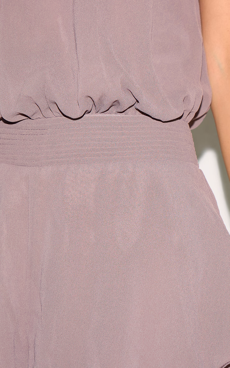 Taupe Chiffon High Neck Drop Waist Romper
