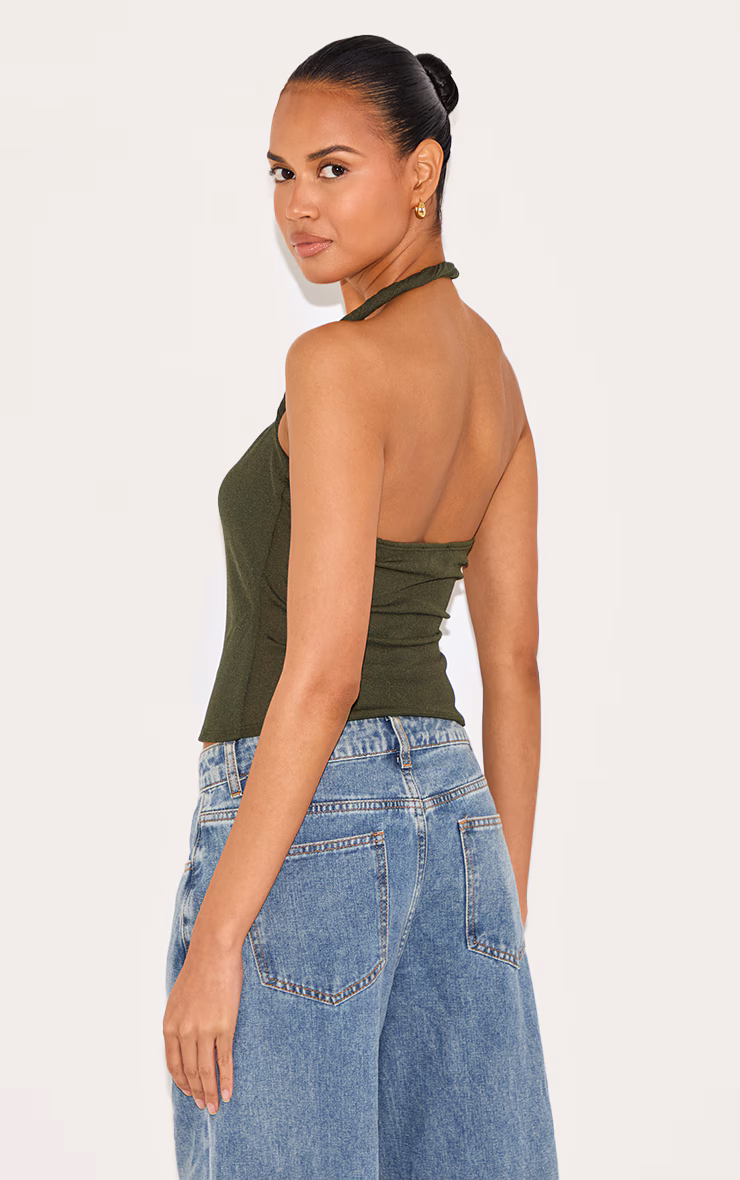 Olive Burnout Mesh Twist Halter Neck Long Top