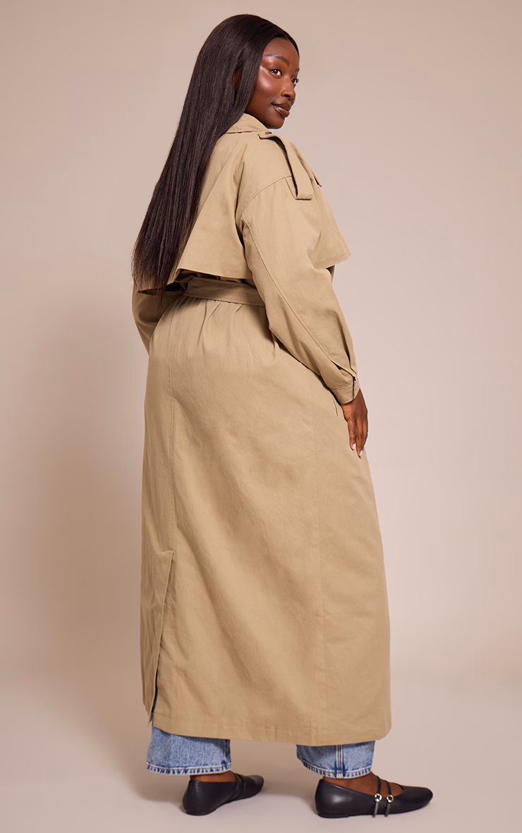 Plus Light Khaki Popper Detail Trench Coat