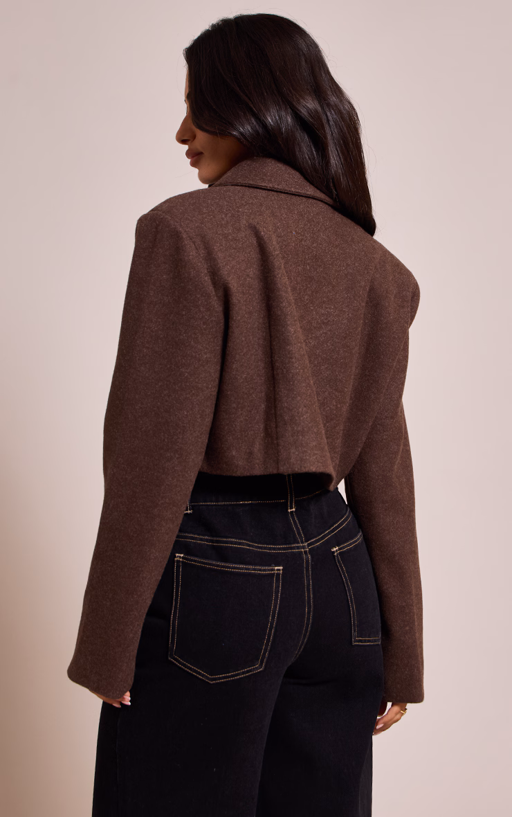 Petite Brown Pocket Detail Cropped Wool Look Blazer