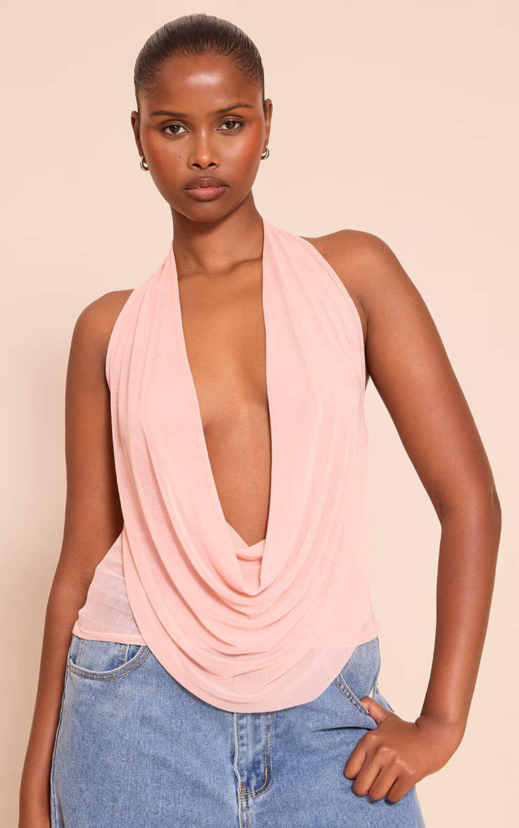 Peach Mesh Halter Neck Top