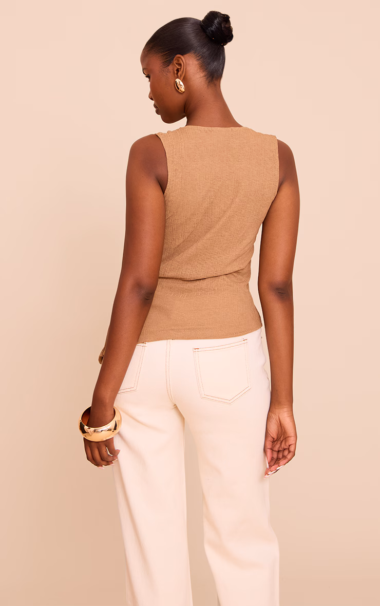 Mushroom Ribbed Onion Skin Trim Detail Plunge Top