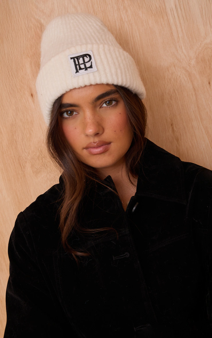 PLT Logo Cream Brushed Knit Fold Over Beanie