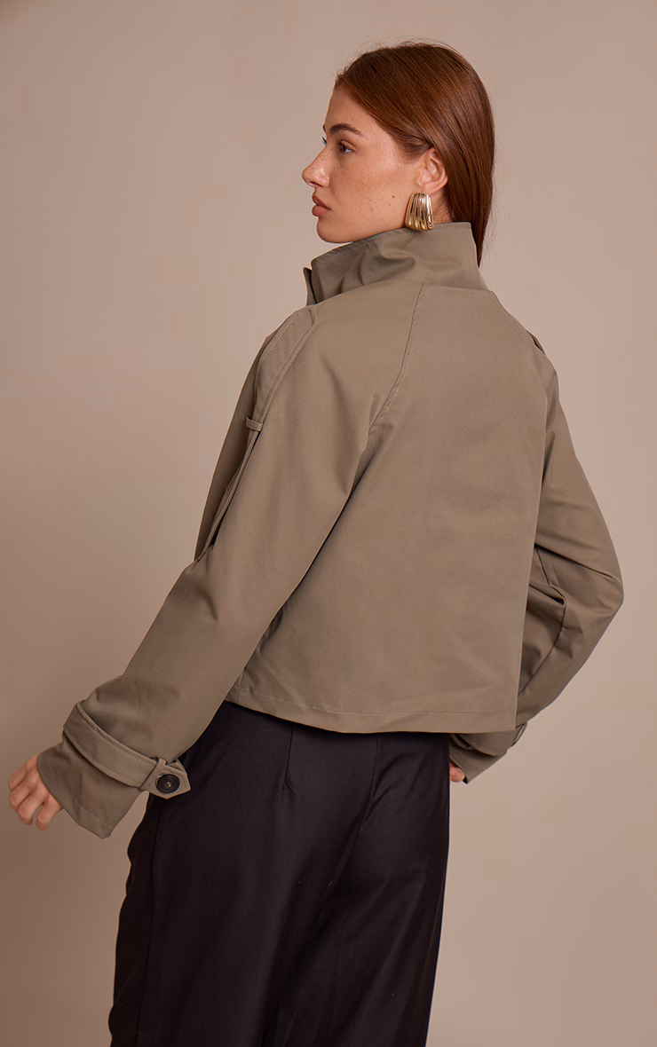 Olive Double Breasted Funnel Neck Cropped Trench Coat