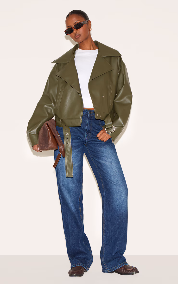 Dark Khaki Faux Leather Belted Relaxed Fit Biker Jacket
