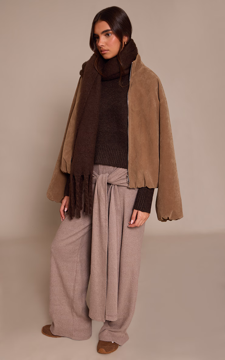 Mushroom Brushed Wrap Detail Straight Leg Pants