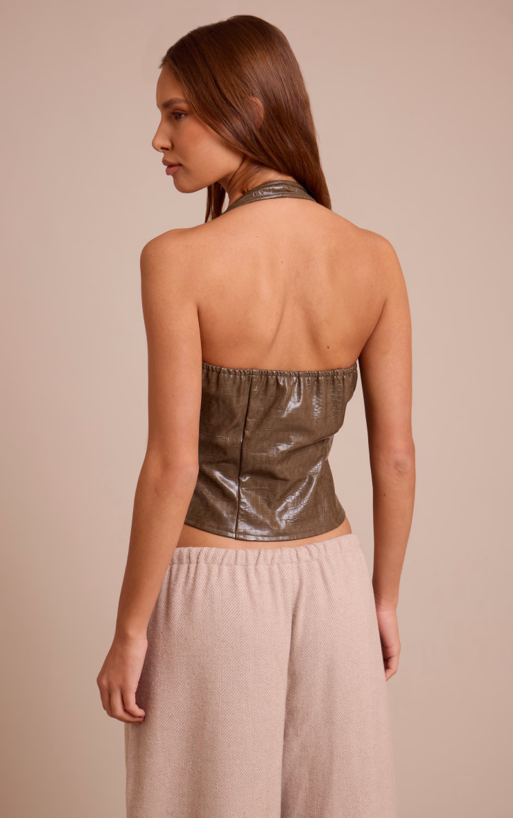 Olive Croc Faux Leather Boned Dip Hem Corset
