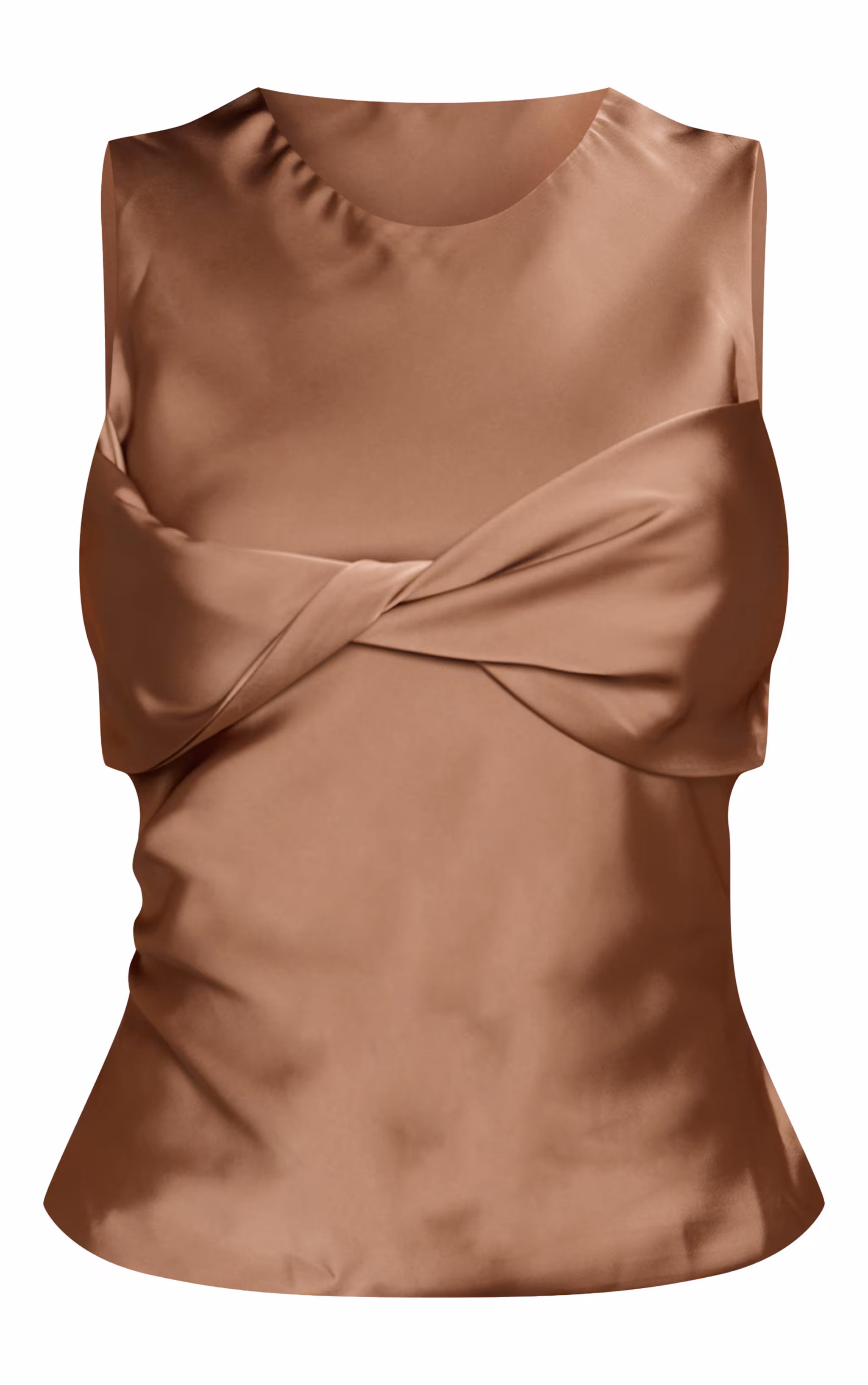 Mocha Satin Overlay Twist Detail Long Top