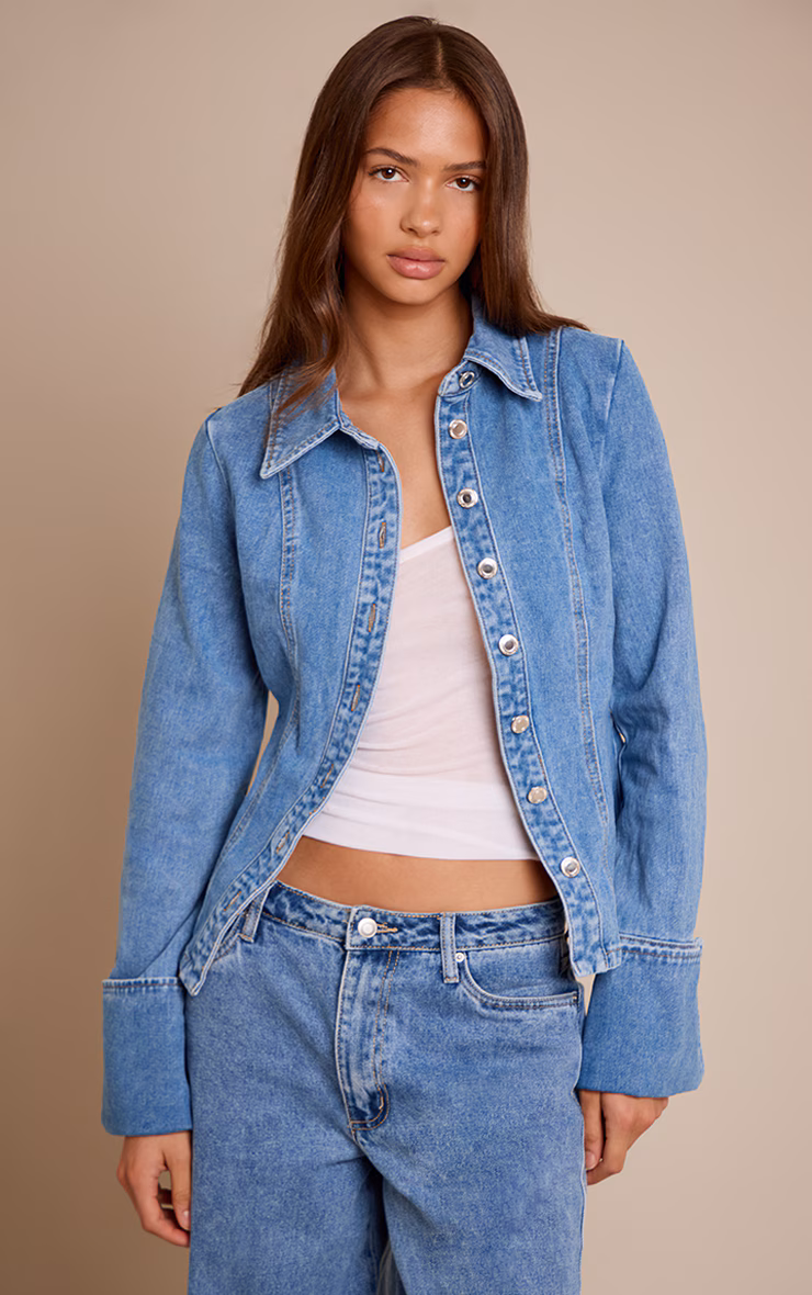 Mid Blue Wash Long Sleeve Cinch Waist Denim Shirt
