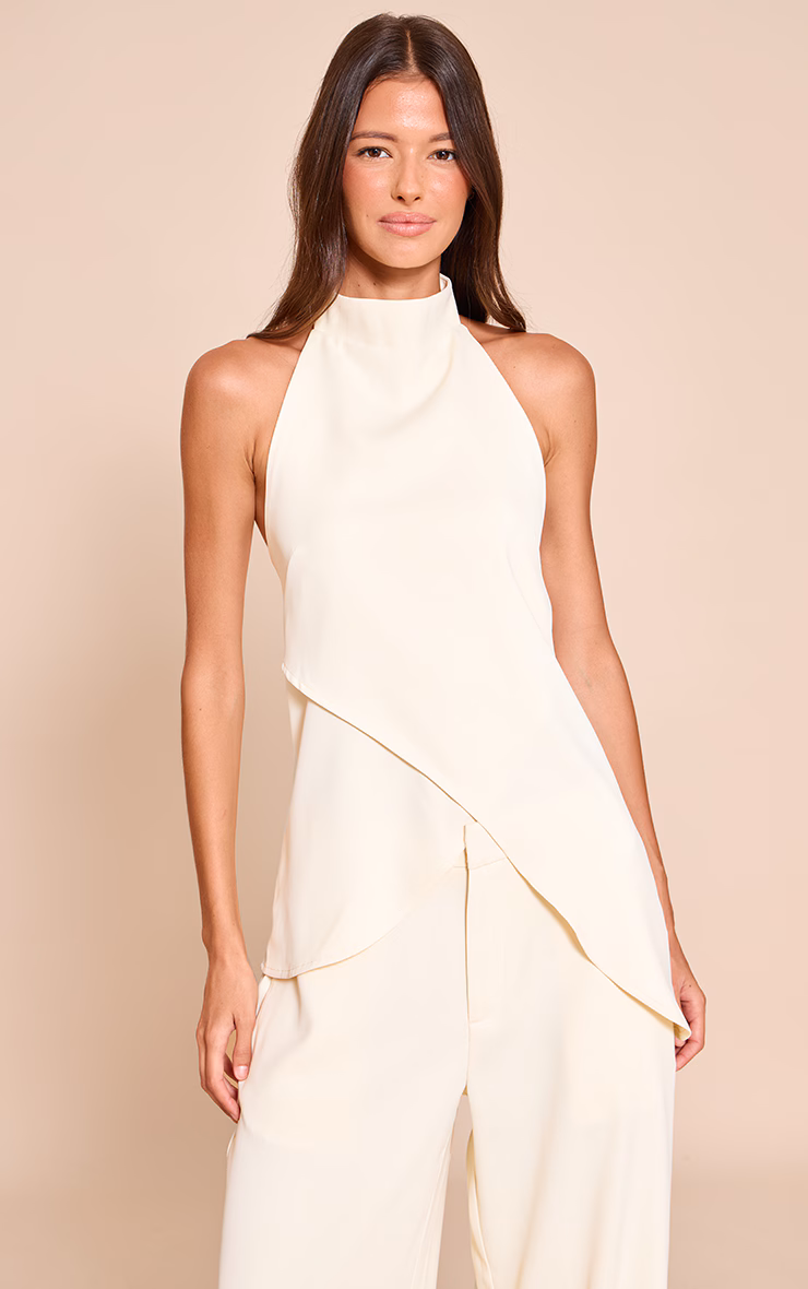 Butter Cream Woven High Neck Wrap Long Top