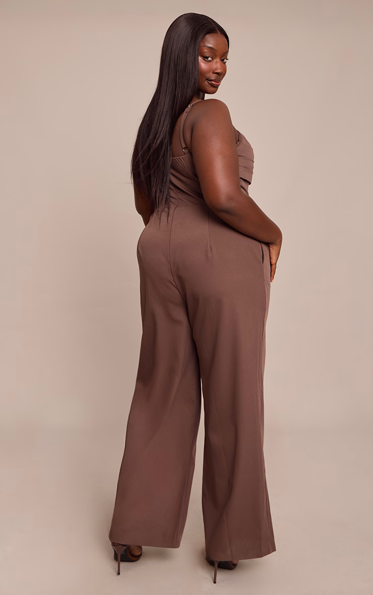 Plus Chocolate Tailored Panel Detail Wide Leg Jumpsuit