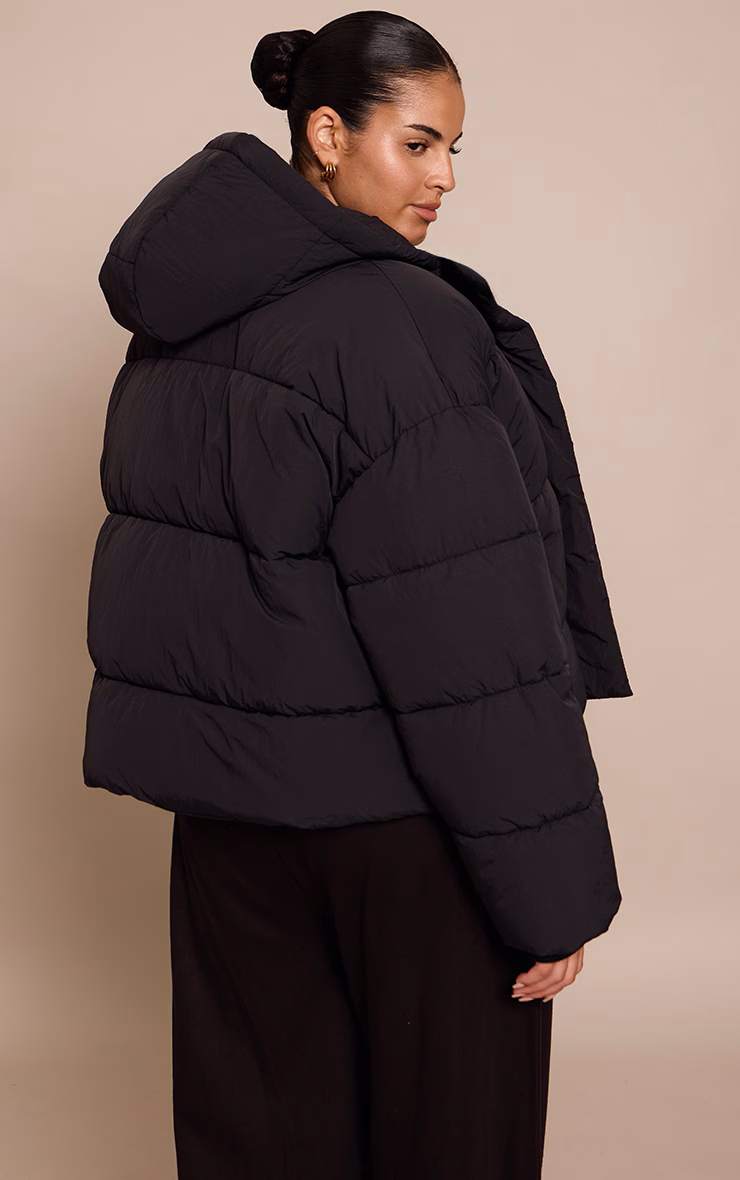 Plus Cropped Black Drawstring Puffer Jacket