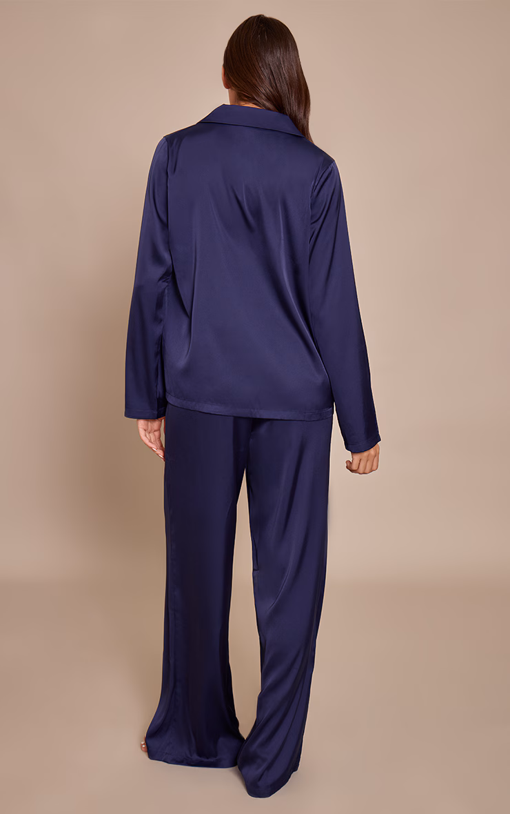 Navy Satin Long Sleeve Button Down Shirt PJ Set