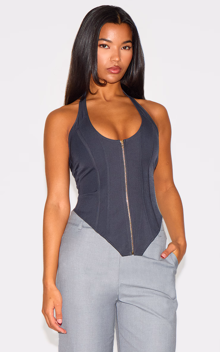 Navy Boned Dip Hem Corset