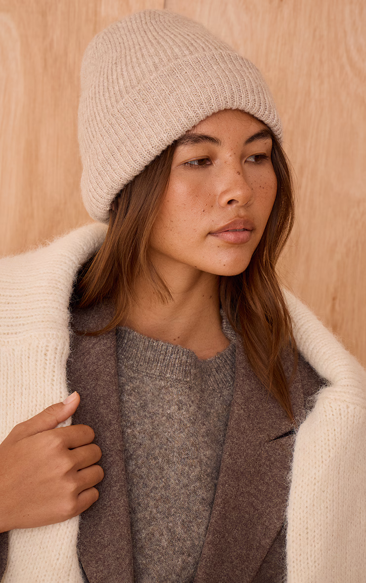Oatmeal Brushed Knit Fold Over Beanie