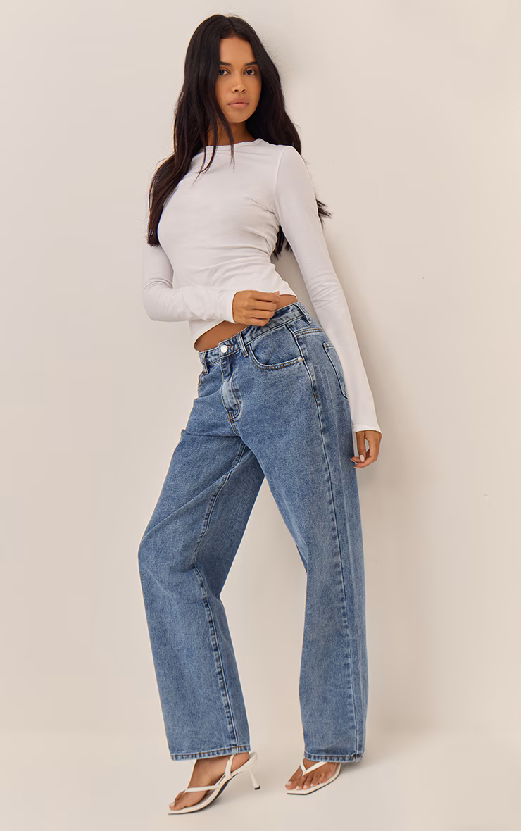 Mid Blue Wash Mid Rise Straight Leg Jeans