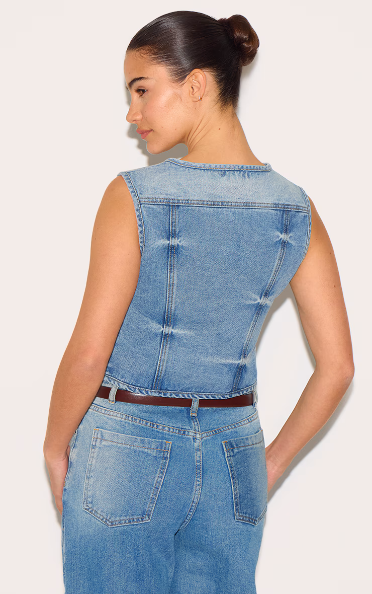 Mid Blue Wash Round Neck Sleeveless Denim Crop Top