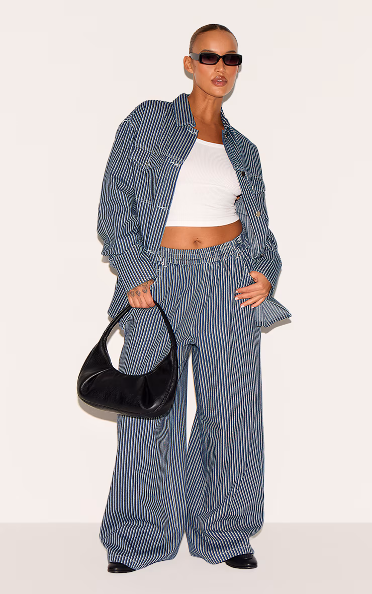 Plus Blue Pinstripe Elasticated Waist Jeans
