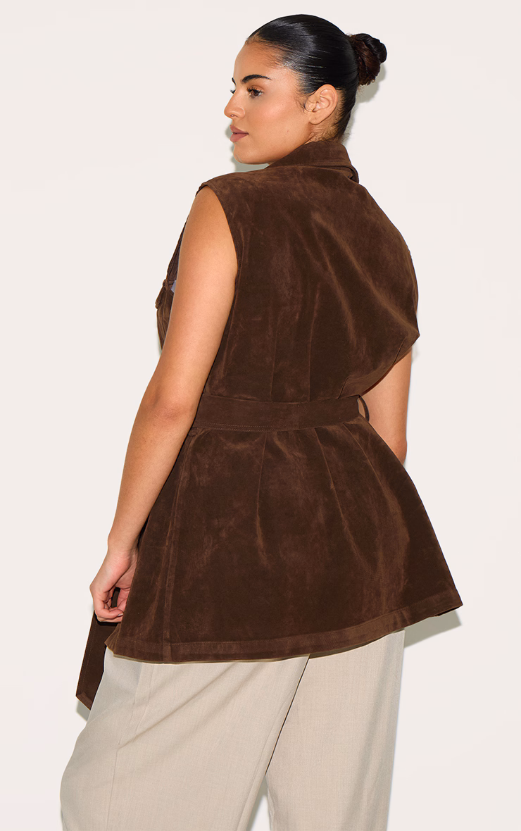 Plus Brown Faux Suede Longline Belted Sleeveless Utility Jacket