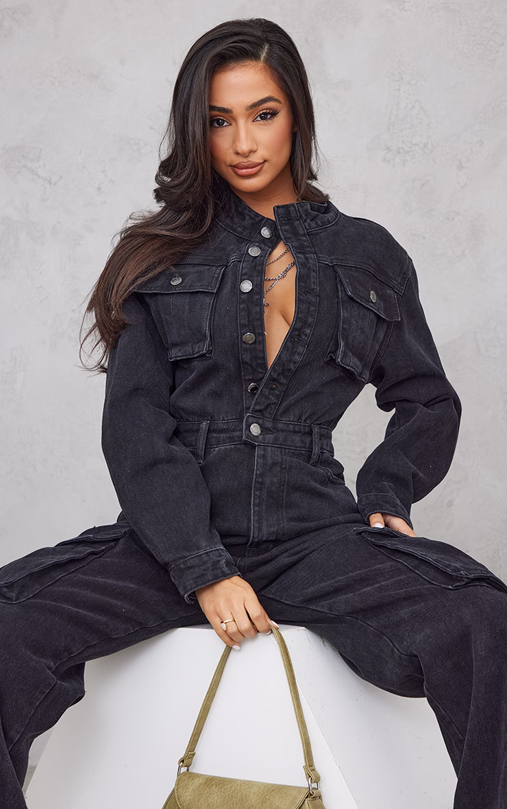 Petite Black Denim Cargo Wide Leg Jumpsuit