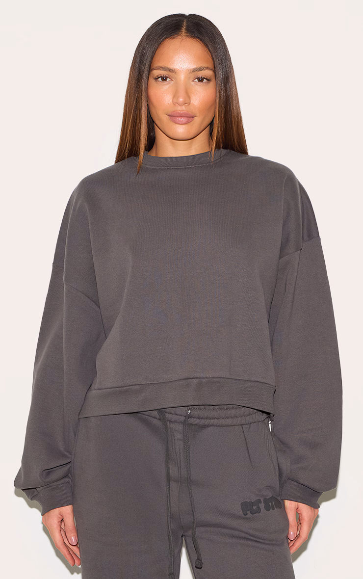 PRETTYLITTLETHING Tall Charcoal Premium Studio Print Boxy Sweatshirt