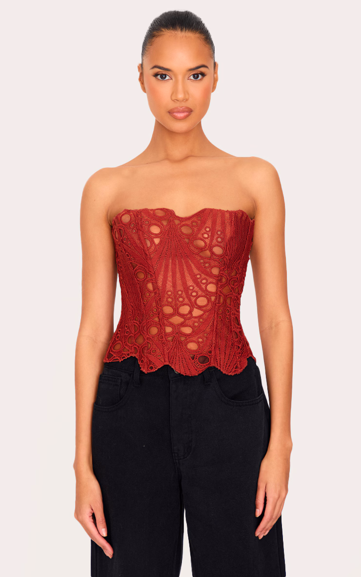 Burnt Orange Textured Sheer Floral Lace Corset